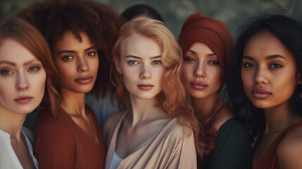 Obraz premium A captivating group of women from different ethnicities and religions, standing together, confidently looking at the camera in celebration of Women's Day.