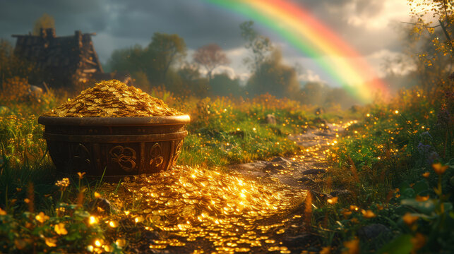 Rainbow Lead to Leprechaun's Treasure.
AI Generative.