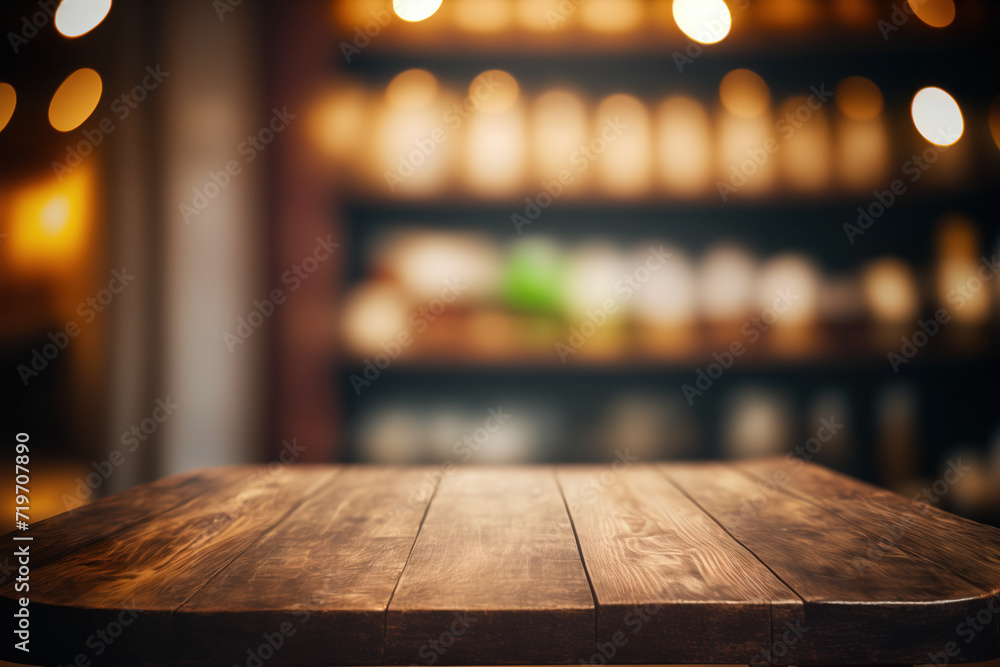 Poster wooden table blurred background of restaurant of cafe with bokeh. flawless generative ai