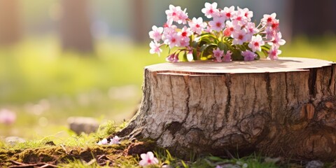 Decorative tree trunk and spring scenery.