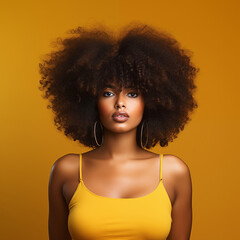 Studio portrait of beautiful young black woman withafro and yellow background.