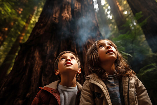 Young girl and boy looking up at giant Redwood tree in forest.