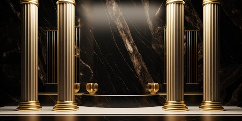Fototapeta premium Luxurious illustration of modern marble columns in golden and black hues.
