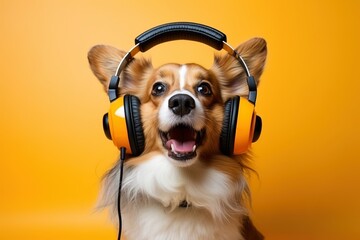 Corgi dog sings song in big retro orange headphones. Yellow isolated background. Big ears and open month. 