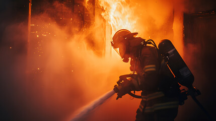equipped fireman at work extinguishing fire, generative ai - 719708874