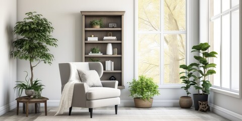 Fototapeta premium Transitional living room with gray chair, neutral shelves, rug, and plants near window.