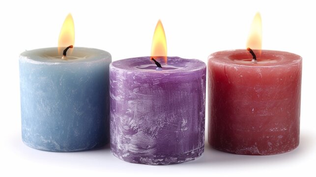 Three small wax candles isolated on white