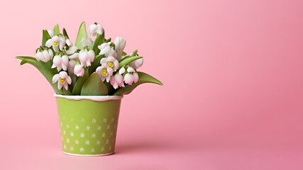 Banner, snowdrops in a paper cup on a pink background, copy space