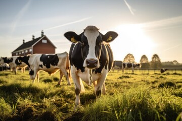 Holstein Friesian cow farm during golden hour with cows peacefully grazing in a vast - obrazy, fototapety, plakaty