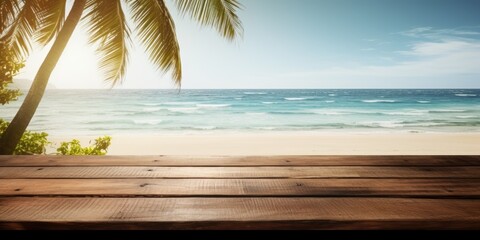 Fototapeta premium Nature scene of a tropical beach on a wooden table - ideal for displaying or showcasing products.