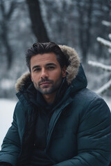 Obraz premium Man in Parka Sitting in Snow in Park. Generative AI.