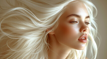 Naklejka premium Young woman with long beautiful blonde hair. Glossy wavy white hair. Beauty and cosmetics