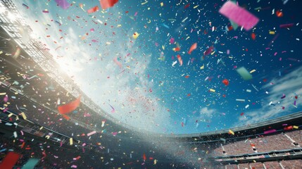 Stadium background, confetti from sky, celebration