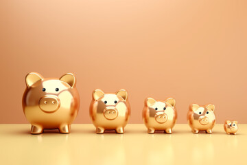 Five Gold Piggybank in Different Size. Concept of Growing Investment
