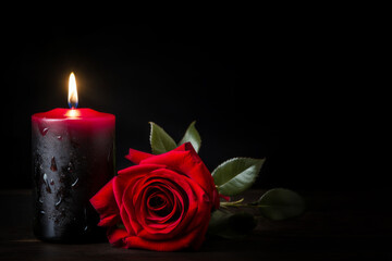 Fototapeta na wymiar Red Rose and Candle on Black Background Copy Space