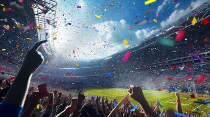 Stadium background, confetti from sky, celebration