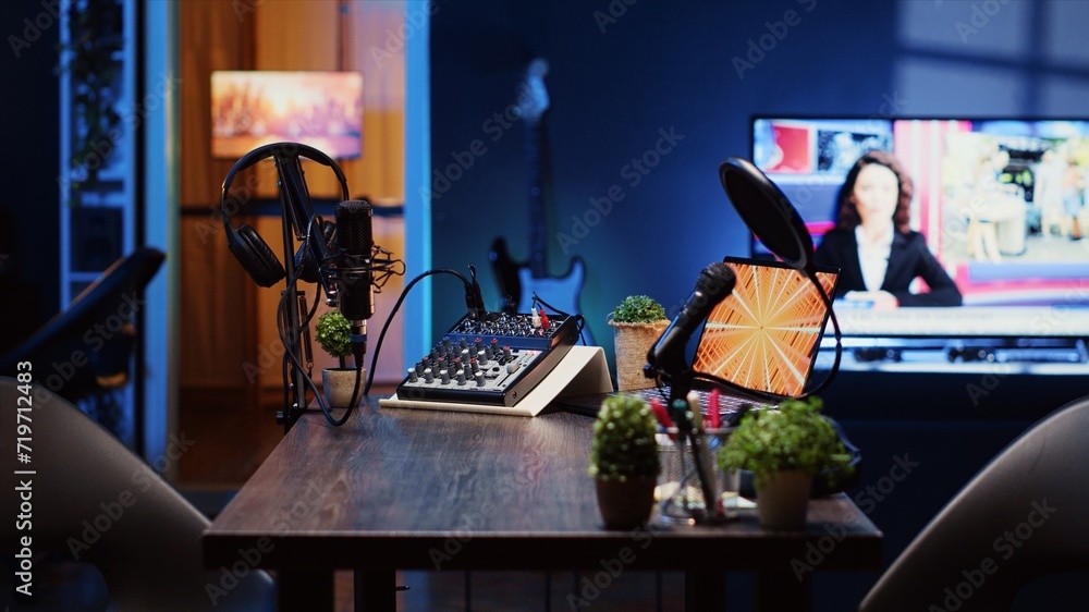 Poster panning shot of empty room in home production studio with sound capturing technology and 3d animatio