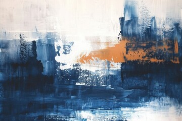 abstract acrylic modern landscape in indigo, brown and white colors. A canvas painted with a palette of indigo and brown, displaying an elegant formless composition suitable for modern decor..