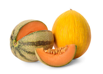Tasty ripe melons on white background