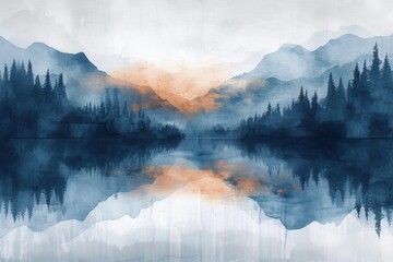 abstract watercolor and acrylic modern trendy landscape in indigo, brown and white colors. Modern wall art with a blend of pale blue and warm orange hues, creating a minimalist yet expressive design..