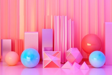simple geometric holographic forms on pink background .An artistic display of shiny prisms and spheres with a pastel pink backdrop, creating a simple yet elegant design