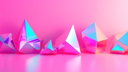 simple geometric holographic forms on neon pink background. Contemporary art featuring simple, bright, and reflective geometric forms on a vivid pink backdrop with a pop of color..
