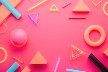 simple geometric neon forms on neon pink background, Trendy and vibrant neon shapes casting a radiant glow, showcasing fashion-forward synthetic aesthetics..