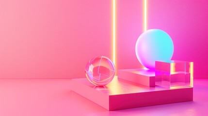 simple geometric holographic forms on pink. background. Minimalist composition with vibrant holographic polygons against a pink gradient, providing a pop of color and visual interest..