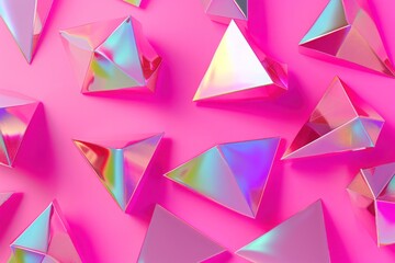 abstract background with triangles, simple geometric holographic forms on pink. Artwork with a collection of shiny geometric shapes, providing a radiant contrast to the neon pink color block