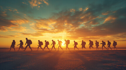 Group of People Walking Across Beach at Sunset