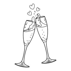 Vector illustration of two champagne glasses for valentine's day.Doodle sketch of clinking glasses. Colouring book page © Anna