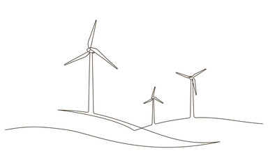 Hilly landscape with wind farm turbines energy continuous one line icon drawing. Renewable source green energy concept vector illustration. Contour one line sign for innovation, environment design