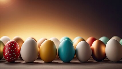 Easter concept, layout of colorful and bright Easter eggs on a dark background. Banner. Place for text. Copy space.