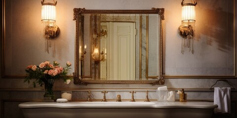 Antique mirror and vintage wall sconces adorn the bathroom, creating an elegant and artistic interior. - obrazy, fototapety, plakaty
