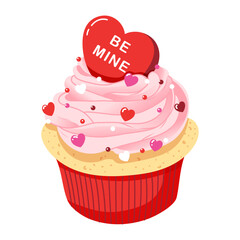 Vector illustration of cupcake for valentine's day. Muffin with hearts decoration in trendy minimalist style. 