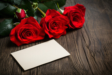 Trio of Red Roses with Blank Note on Wood