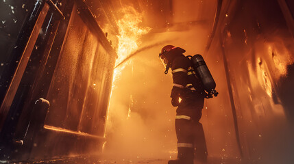 equipped fireman at work extinguishing fire, generative ai - 719713897