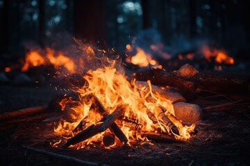 Naklejka premium Big bonfire with sparks and particles in front of forest. Campfire in the forest at night. Mountain vacation. Bonfire in the wood for picnic. Night camp in a forest.