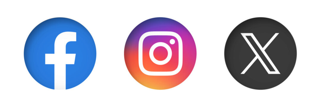 Social media app icon set. Facebook, Instagram and X, former Twitter. Circle button with inner dropped shadow vector icons.