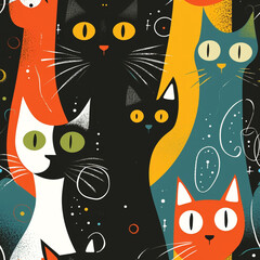 Abstract pattern black, white, orange, yelow, green, blue, grey cats, seamless, AI Generative