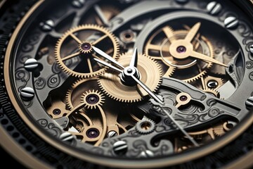 Fototapeta na wymiar Closeup of the mechanism of a watch with gears and cogwheels. Gears and cogs in clockwork watch mechanism. Time and business concept. Inside a watch. elegant detailed.