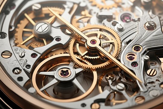 Close-up of the mechanism of an old watch. Conceptual image. Wheel of time. Metal cogwheels. macro shot. Gears and cogs in clockwork watch mechanism.