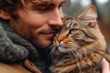 A handsome man hugging his cute cat