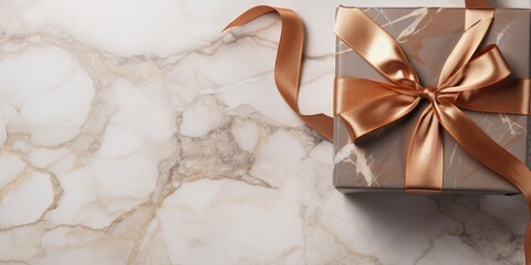 Elegant holiday gift package in bronze with ribbon on marble table, photographed from various angles in top view.