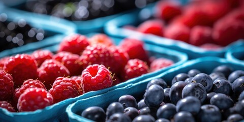 Ripe of Raspberries, Blueberries, and Blackberries in Blue Boxes. Generative AI