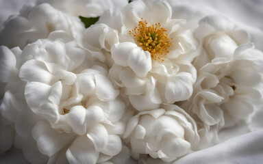 White cotton flowers on white cotton fabric background