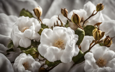 White cotton flowers on white cotton fabric background