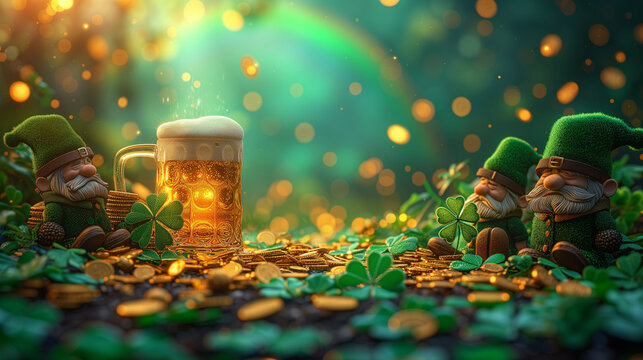 A shimmering rainbow symbolizing the diversity of the holiday. Small, golden clovers and sparkling coins are playfully scattered across the background as a lucky charm for the viewer.