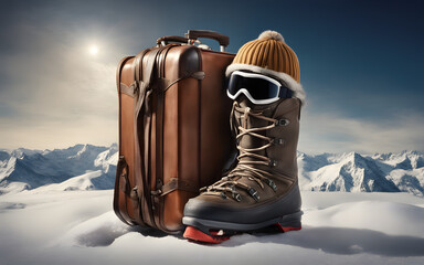 Winter commercial for a travel company, with a suitcase, a pair of ski boots, a ski helmet and ski glasses
