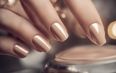 Woman hand with nude shades nail polish on her fingernails, manicure with gel polish at luxury beauty salon